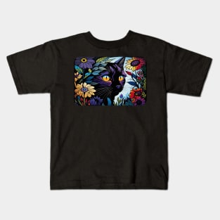 Black Cat in the Flowers Kids T-Shirt